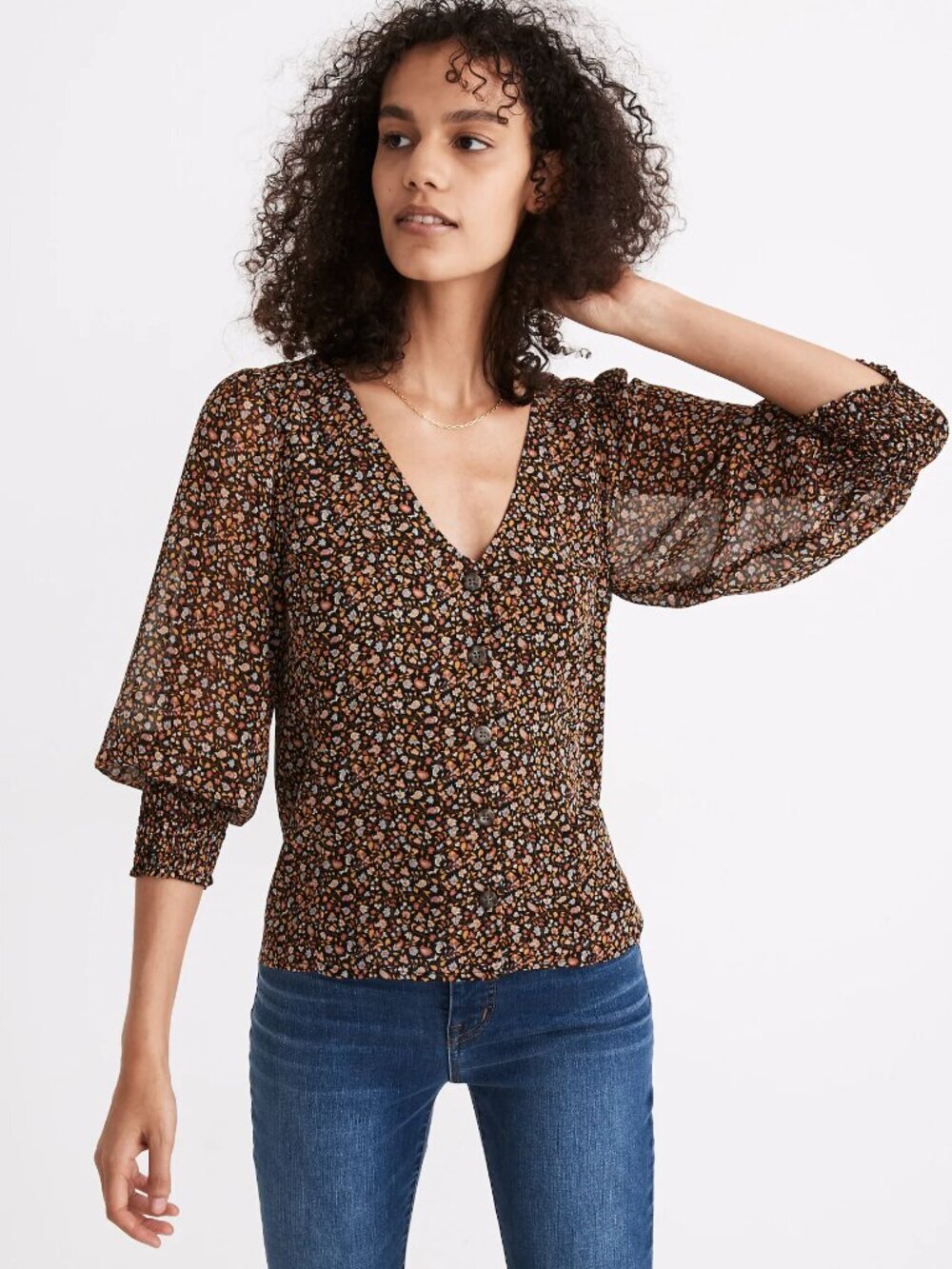 MADEWELL Folktale Paisley Floral Georgette Puff Sleeve V-Neck Blouse, Size 4